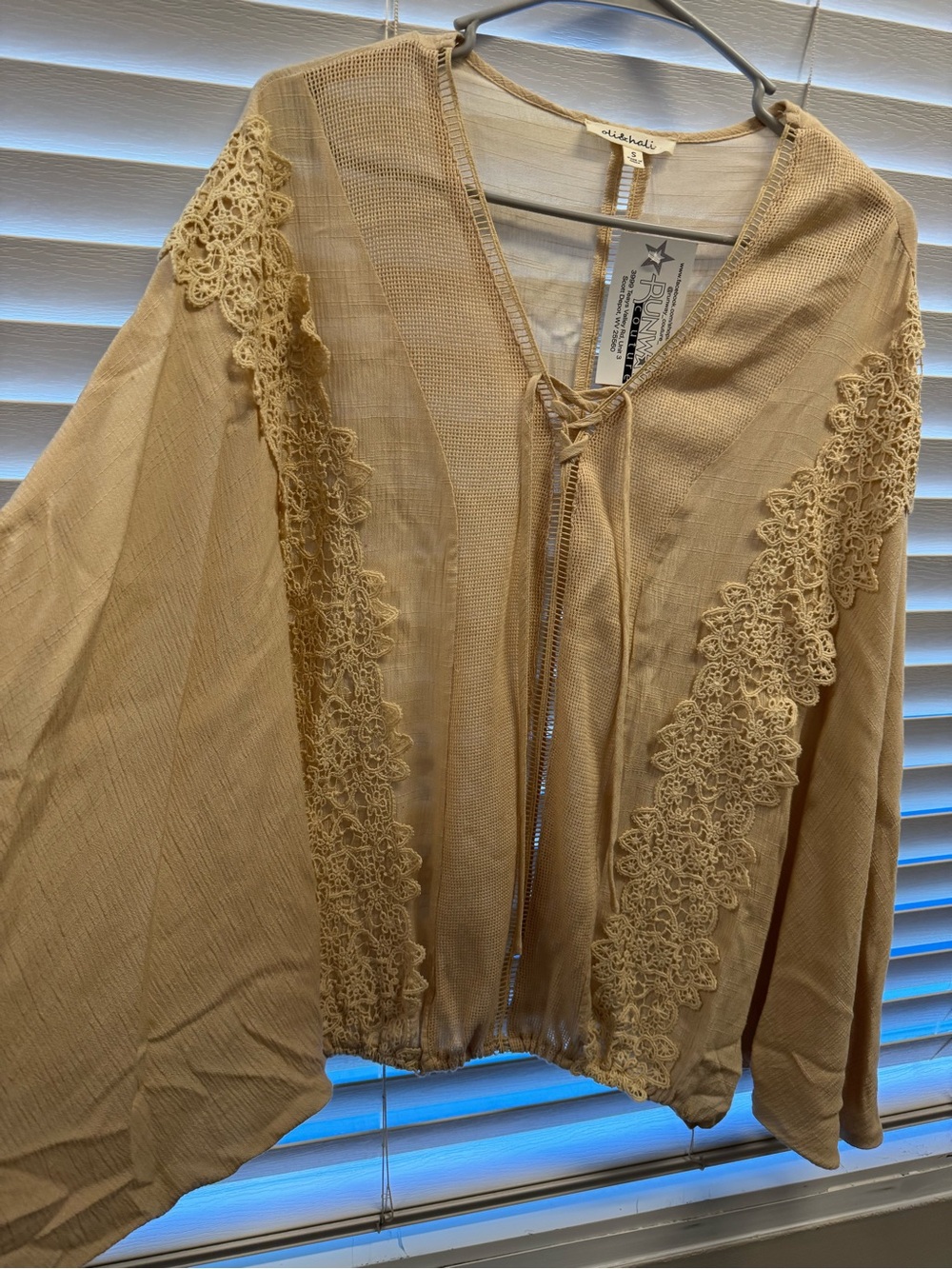 Oli & Hali Beige Lace-Trim Peasant Top